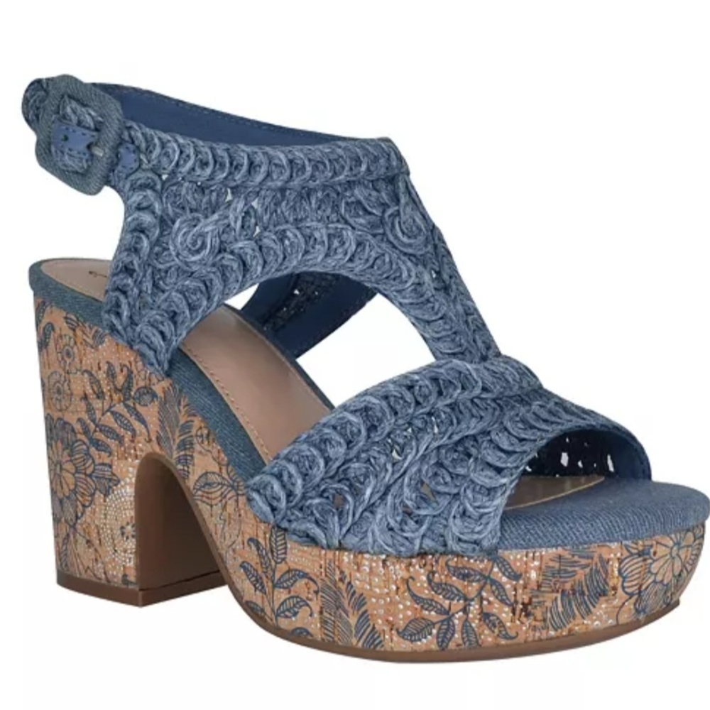 Blue and Brown Wedge Sandals with Chunky Platform